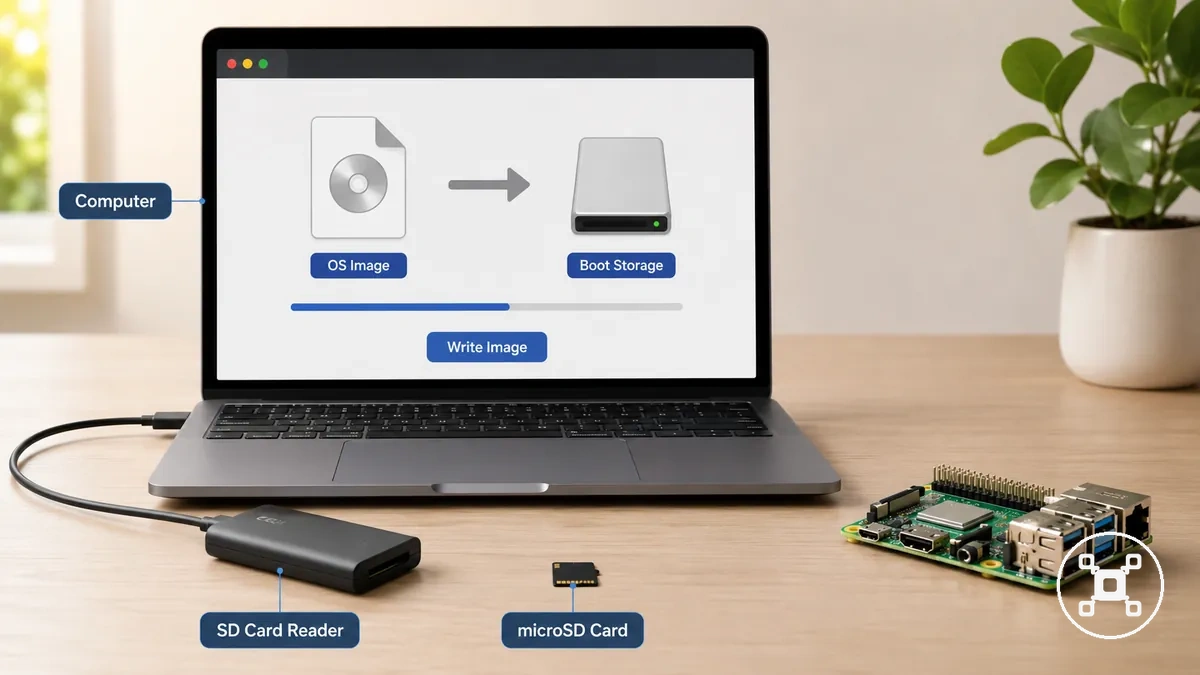 حاسوب وقارئ بطاقات وبطاقة microSD وأداة Raspberry Pi Imager تُستخدم لتجهيز نظام تشغيل راسبيري باي