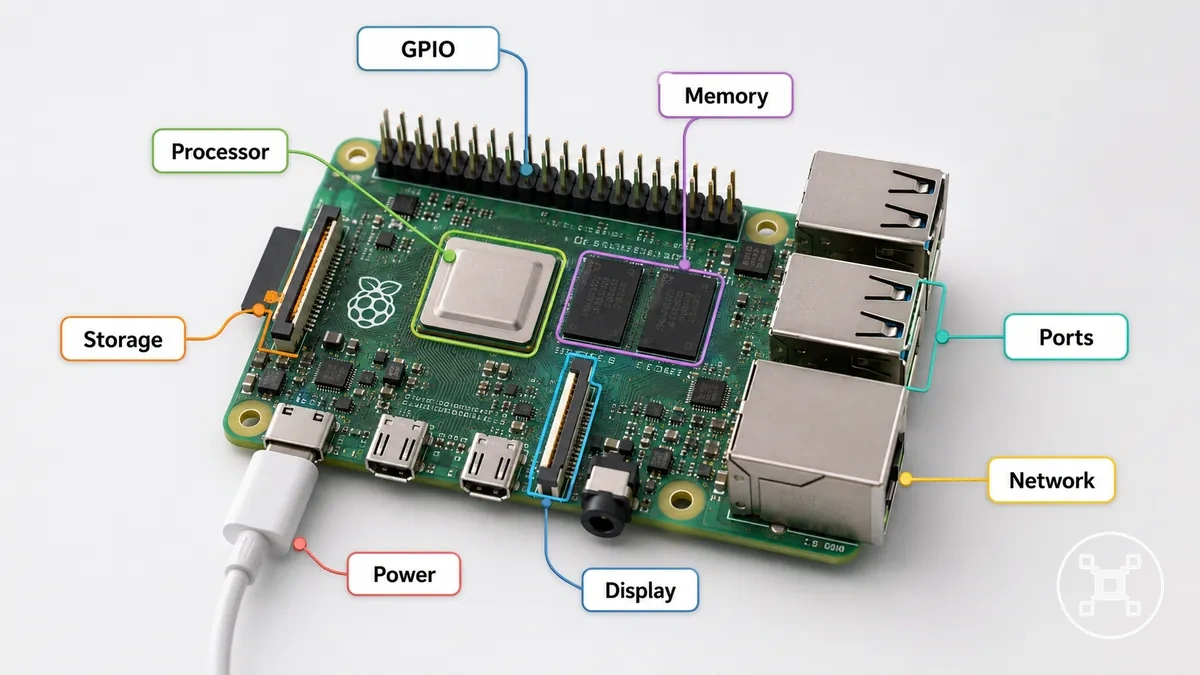 لوحة راسبيري باي موضحة بالأجزاء الرئيسية والمنافذ ومنطقة التخزين ورأس GPIO