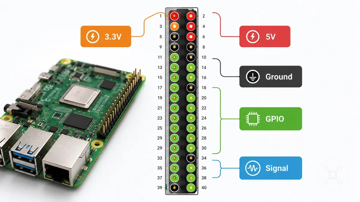 مخطط موصل GPIO في راسبيري باي يظهر أطراف الطاقة والأرضي والأطراف القابلة للبرمجة
