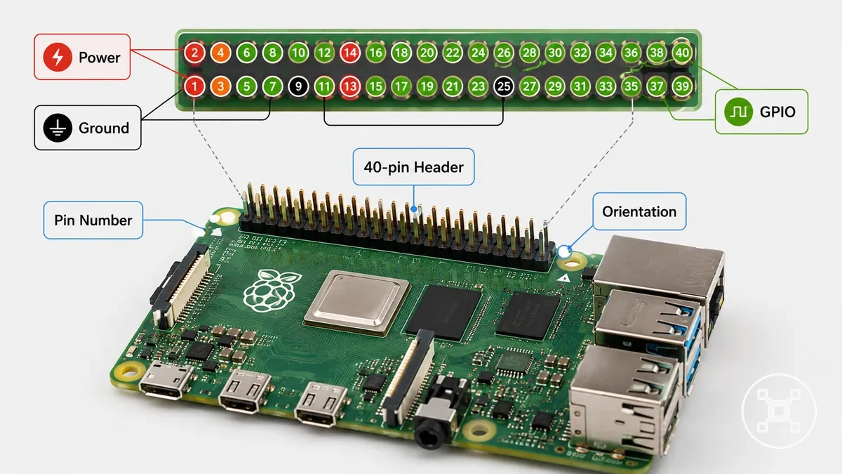 مخطط موصل GPIO ذي 40 طرفًا في راسبيري باي مع أرقام الأطراف المادية وأدوار الأطراف