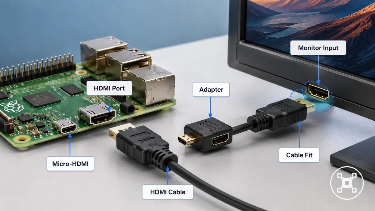 Raspberry-Pi-HDMI-Anschluss mit passendem Kabel oder Adapter für die Bildausgabe