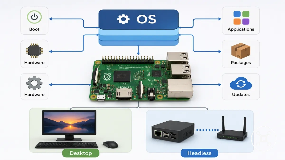 Diagramm, das zeigt, was ein Raspberry-Pi-Betriebssystem auf der Platine steuert