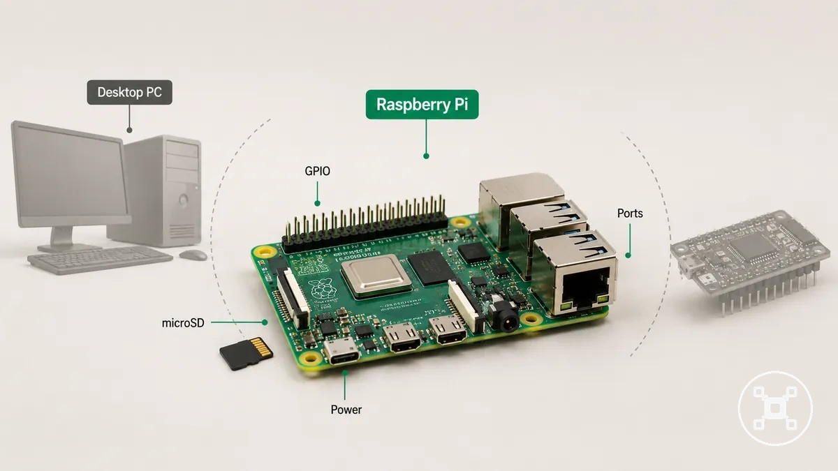 Raspberry Pi Einplatinencomputer mit Anschlüssen und GPIO-Header beschriftet