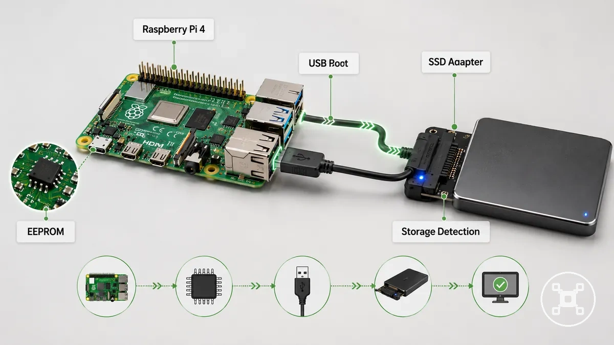 Annotiertes Raspberry Pi USB-Boot-Setup mit SSD-Adapter und Speichererkennungspfad