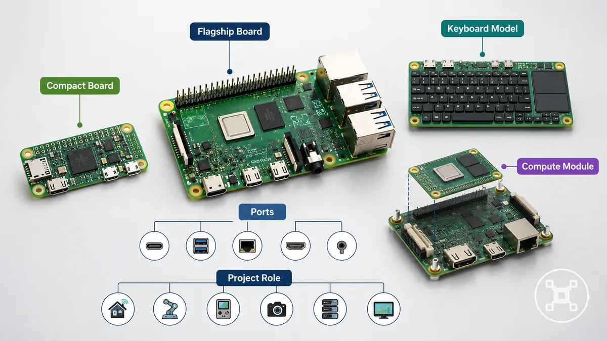 Flagship boards, compact boards, keyboard models, and compute modules shown by form factor