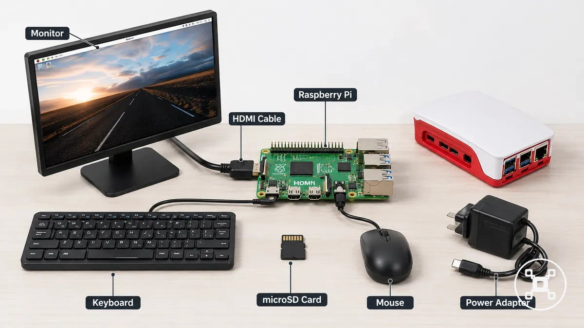Required parts for Raspberry Pi desktop setup including board, monitor cable, keyboard, mouse, microSD card, and power adapter
