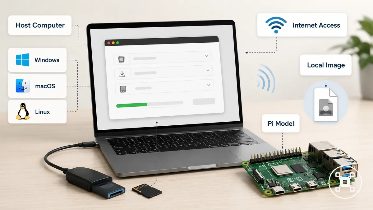 Computer, Raspberry Pi model, and internet requirements for Raspberry Pi Imager installation