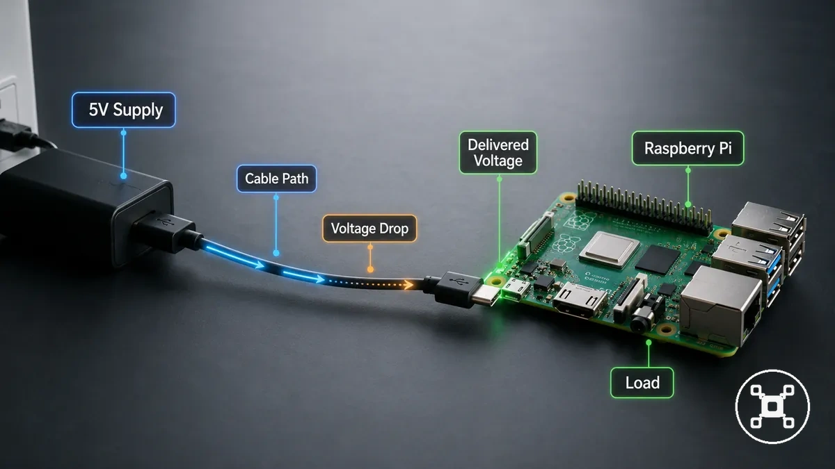 Diagram showing 5V-class power reaching a Raspberry Pi through a cable