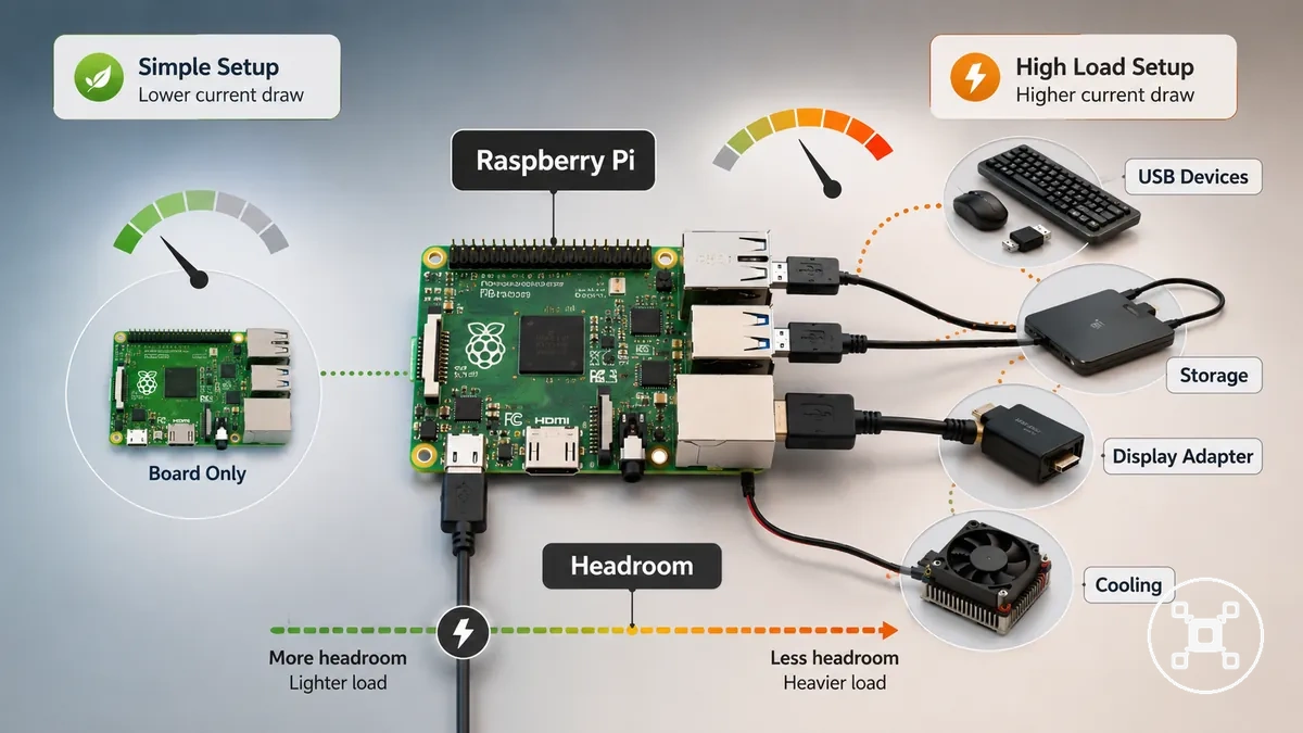Raspberry Pi with connected peripherals illustrating added current draw