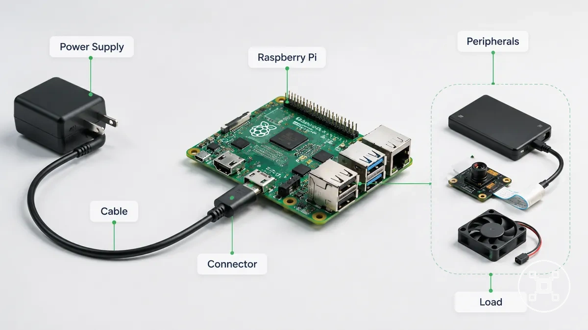 Diagram of Raspberry Pi power supply, cable, connector, and connected load