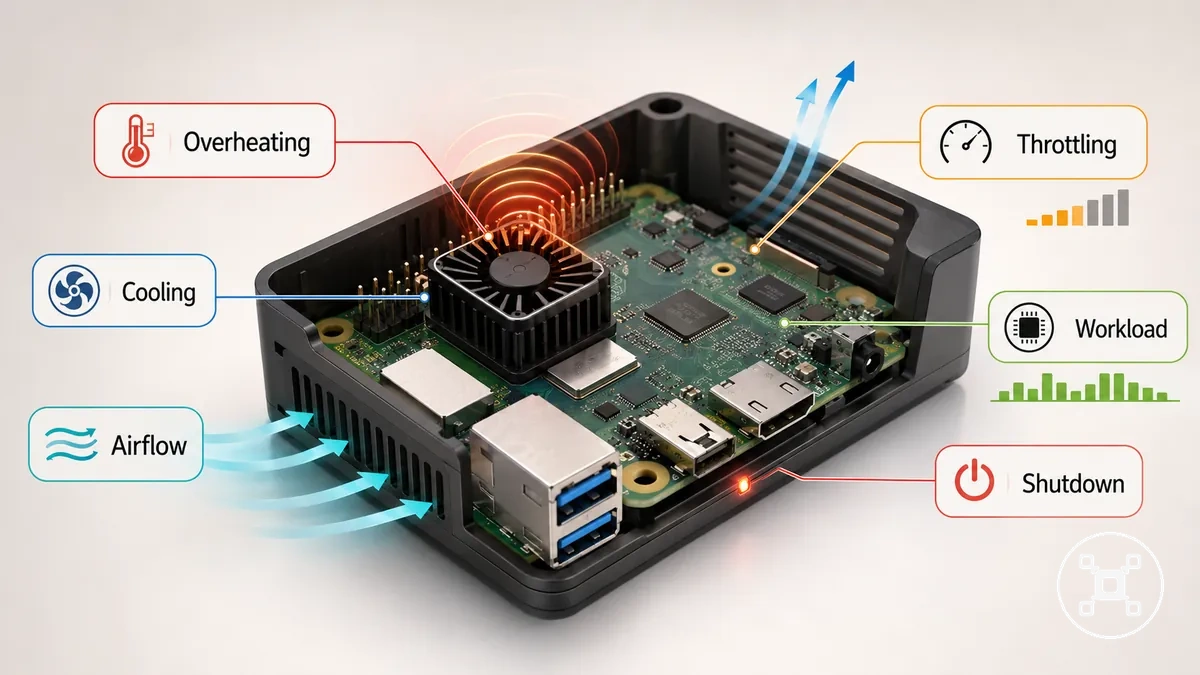 Raspberry Pi overheating and throttling symptom areas with cooling context