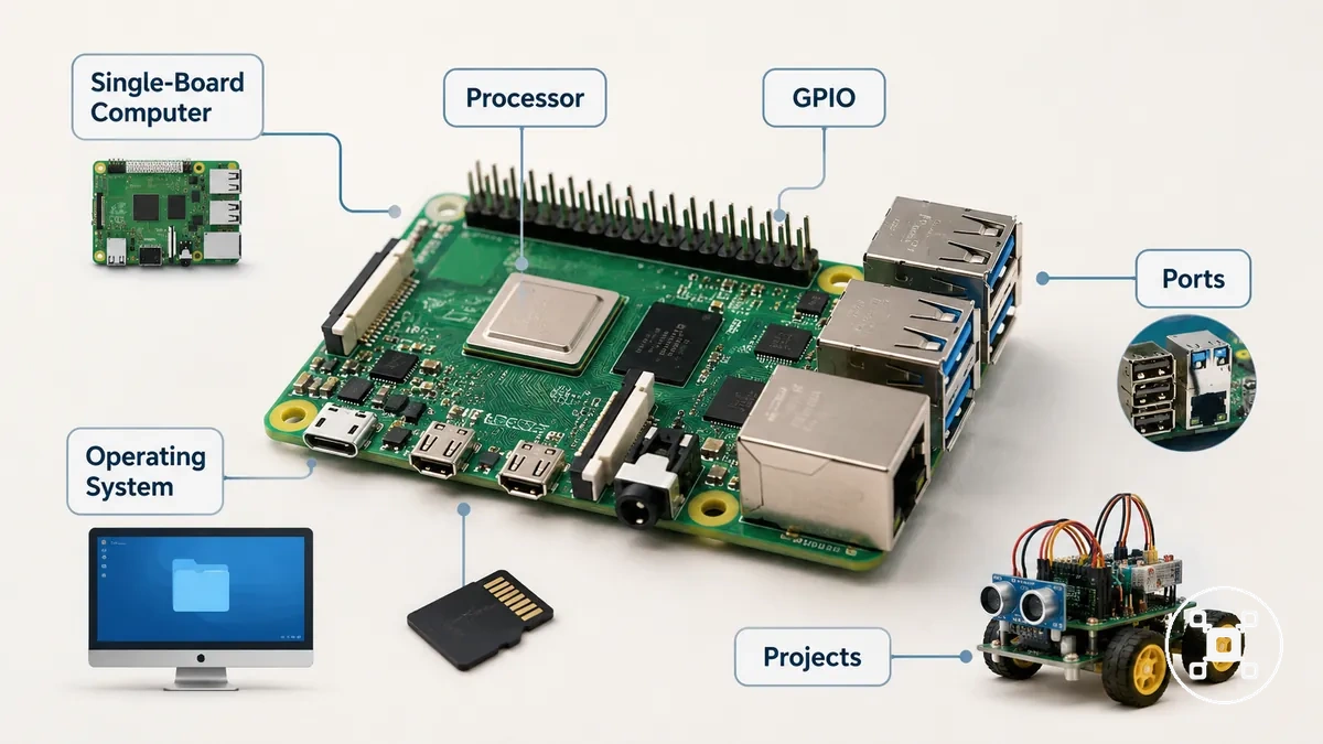 Raspberry Pi board labeled as a small single-board computer with ports and GPIO header