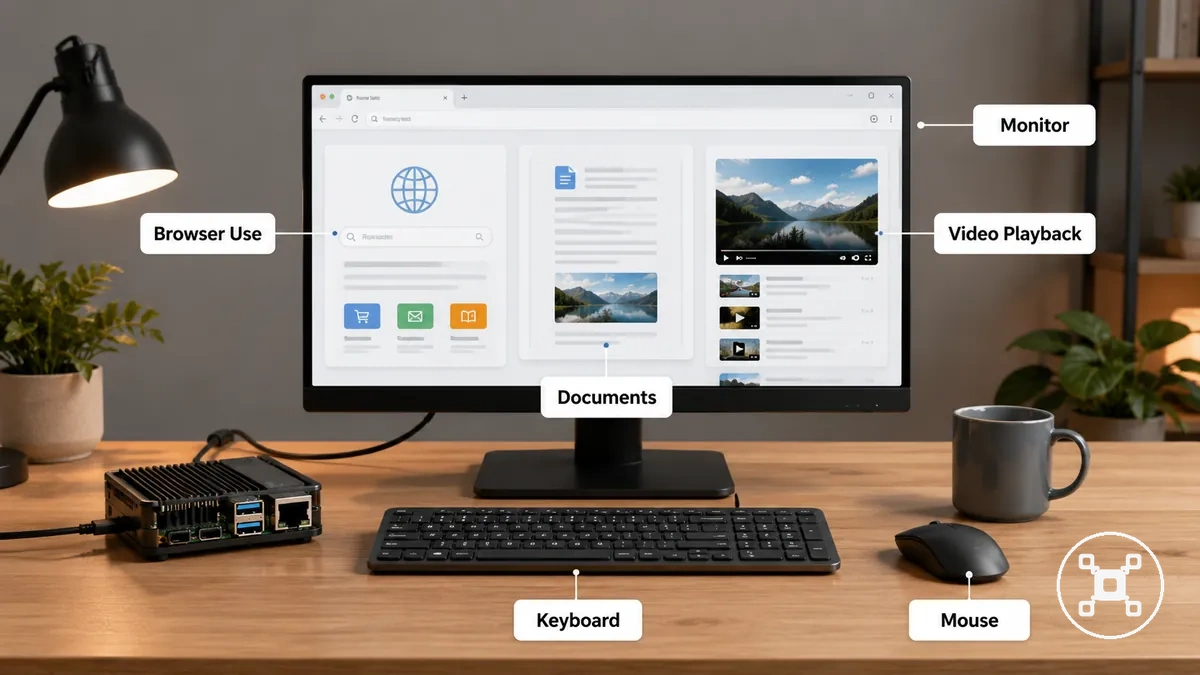 Small computer desk setup showing browser use with monitor keyboard and mouse