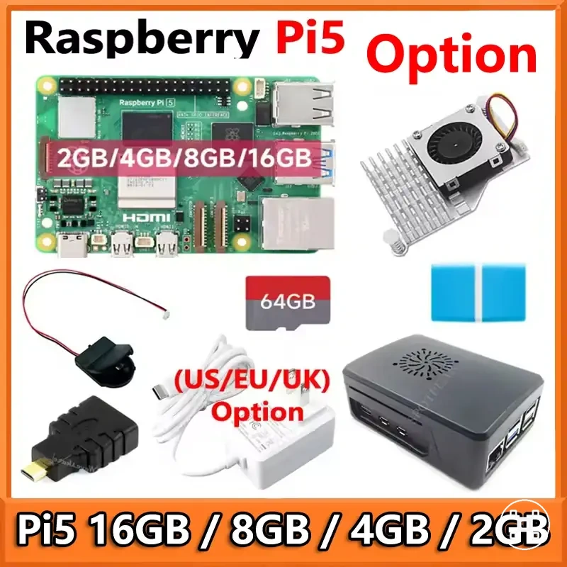 Kit de placa Raspberry Pi 5 con fuente de alimentación, tarjeta, disipador y lector