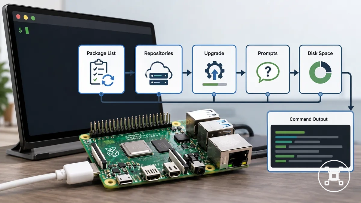 Terminal de Raspberry Pi anotada que muestra la actualización de la lista de paquetes y los comandos de mejora completa del sistema