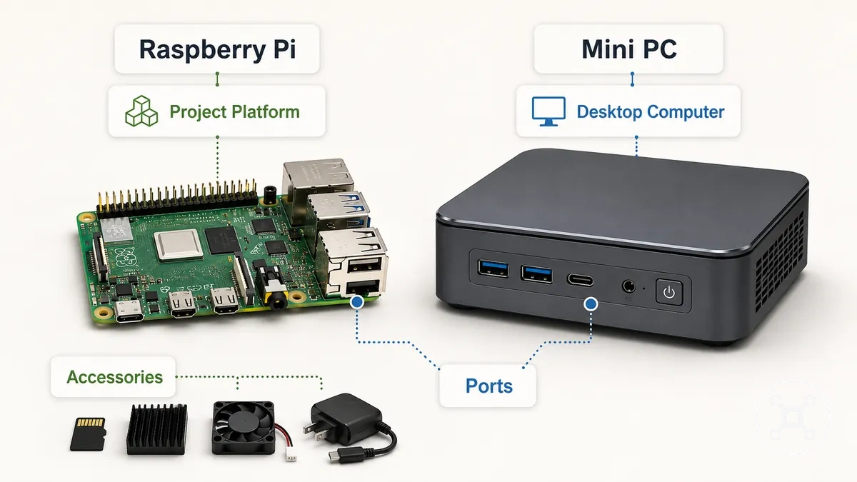 Placa Raspberry Pi y mini PC compacta que muestran diferencias de propósito y de carcasa