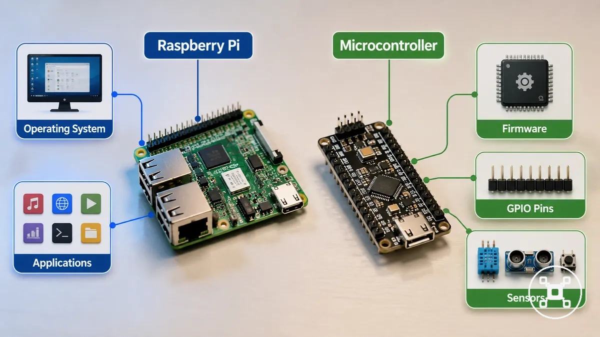 Placa Raspberry Pi y placa microcontroladora mostrando diferentes propósitos de diseño