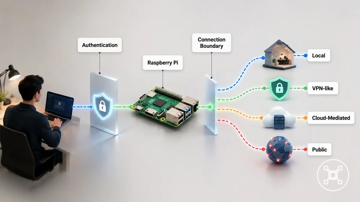 Diagrama de acceso remoto que muestra un límite de conexión de Raspberry Pi y una ruta de autenticación