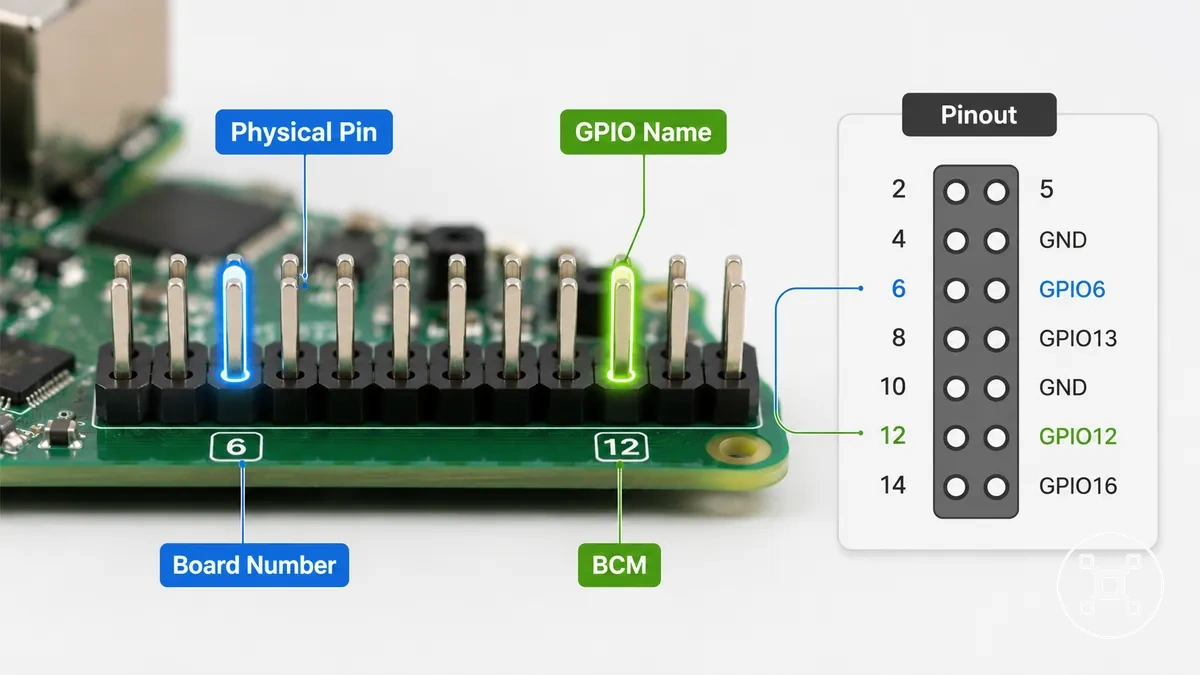 Ejemplo de pin GPIO de Raspberry Pi que muestra el número de pin físico y el nombre GPIO