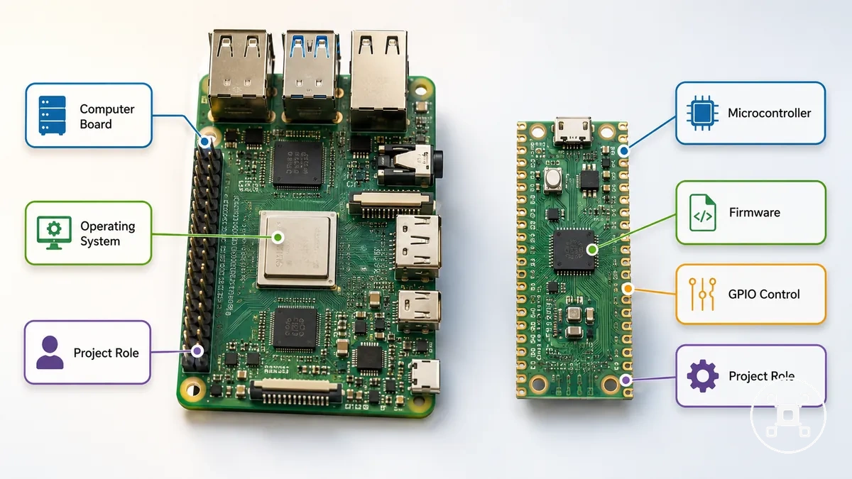 Placa Raspberry Pi estándar y Raspberry Pi Pico mostrando diferentes funciones de placa