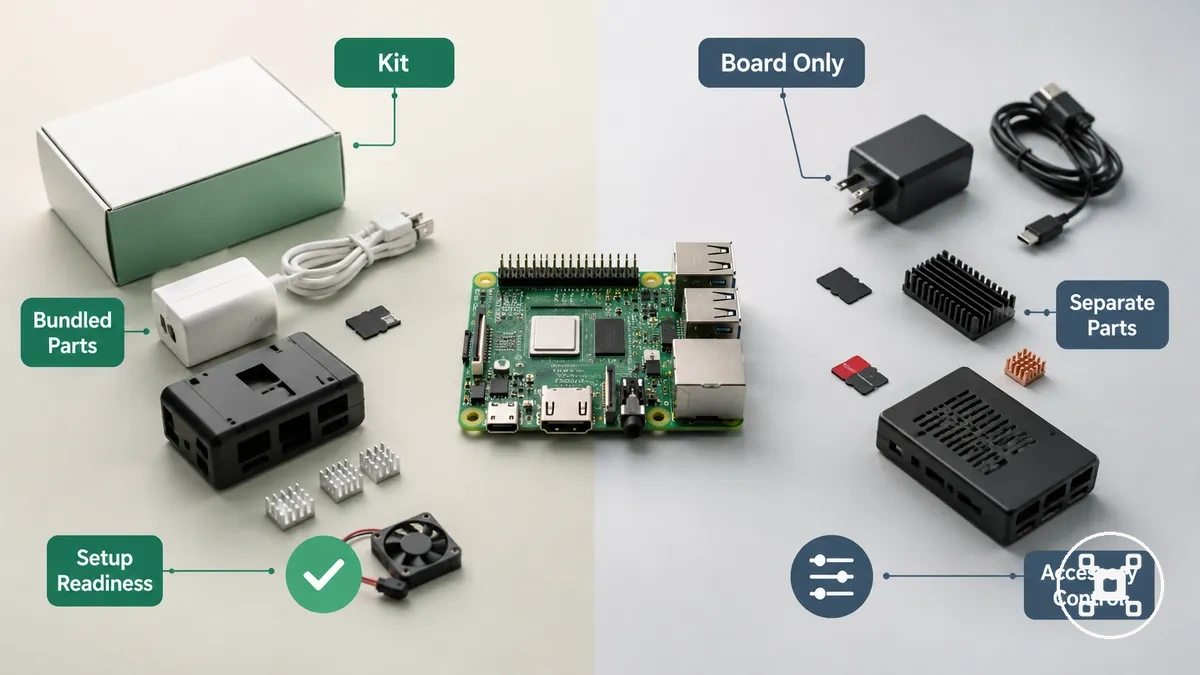 Comparación entre kit de Raspberry Pi y compra de placa suelta según piezas incluidas y responsabilidad de configuración