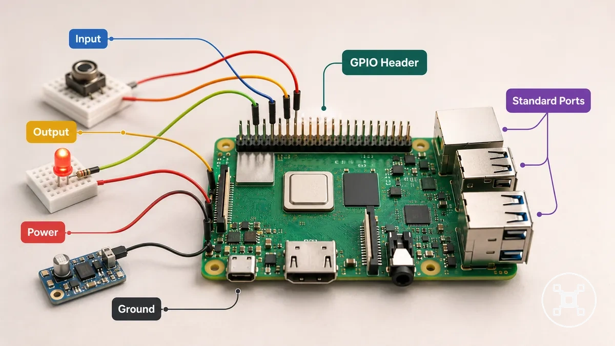 Placa Raspberry Pi con el conector GPIO etiquetado por separado de los puertos estándar