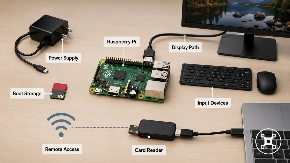 Requisitos de configuración de Raspberry Pi con placa, fuente de alimentación, tarjeta microSD, cable HDMI, teclado, ratón y lector de tarjetas