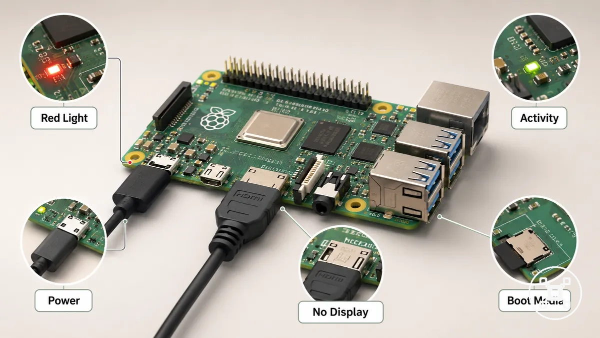 Indicadores de diagnóstico de luz de alimentación roja y ausencia de imagen de Raspberry Pi