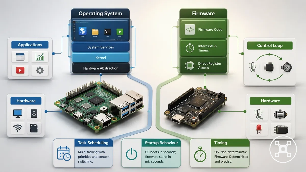 Modelos de ejecución de sistema operativo y firmware comparados para Raspberry Pi y placas microcontroladoras