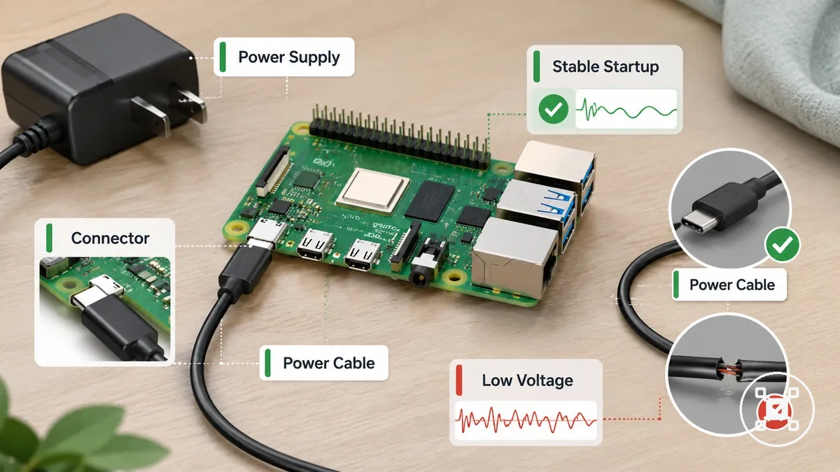 Alimentation et câble Raspberry Pi connectés à une carte pour un démarrage stable