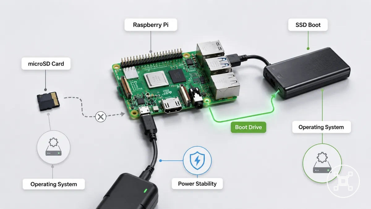 Raspberry Pi connecté à un SSD montrant la configuration du stockage de démarrage sur SSD