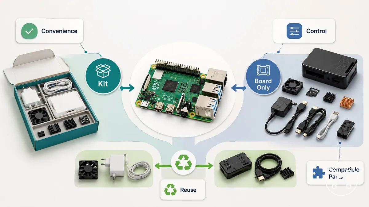 Diagramme comparant la commodité, le contrôle et la réutilisation dans la décision entre un kit Raspberry Pi et une carte seule