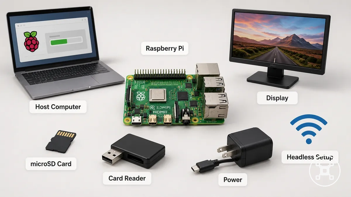 Prérequis pour l installation de Raspberry Pi OS avec carte Raspberry Pi, ordinateur, stockage et lecteur de carte