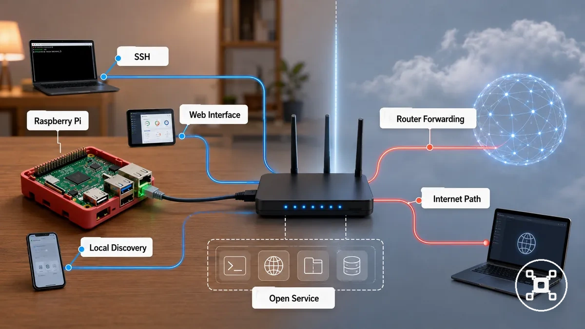Diagramme d un Raspberry Pi montrant les chemins de services ouverts locaux et exposés à internet
