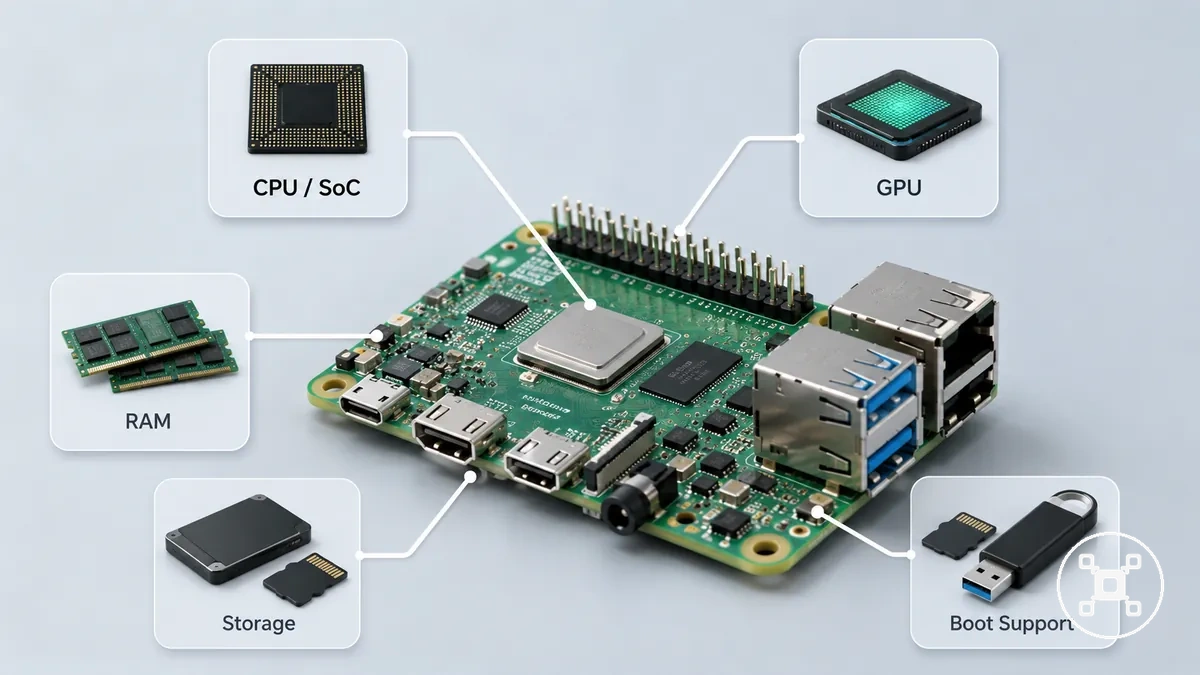 Spécifications matérielles du Raspberry Pi montrant les attributs du processeur, de la mémoire et du stockage