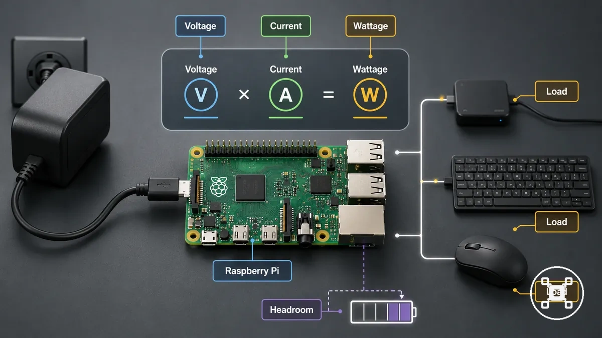 Étiquette d adaptateur d alimentation Raspberry Pi annotée montrant la tension, le courant et la puissance