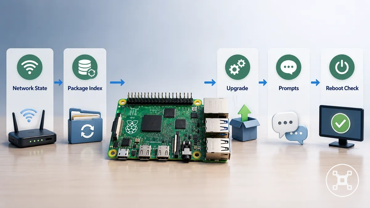 Processo de atualização de pacotes do Raspberry Pi OS com verificação, atualização, prompt e verificações de reinicialização