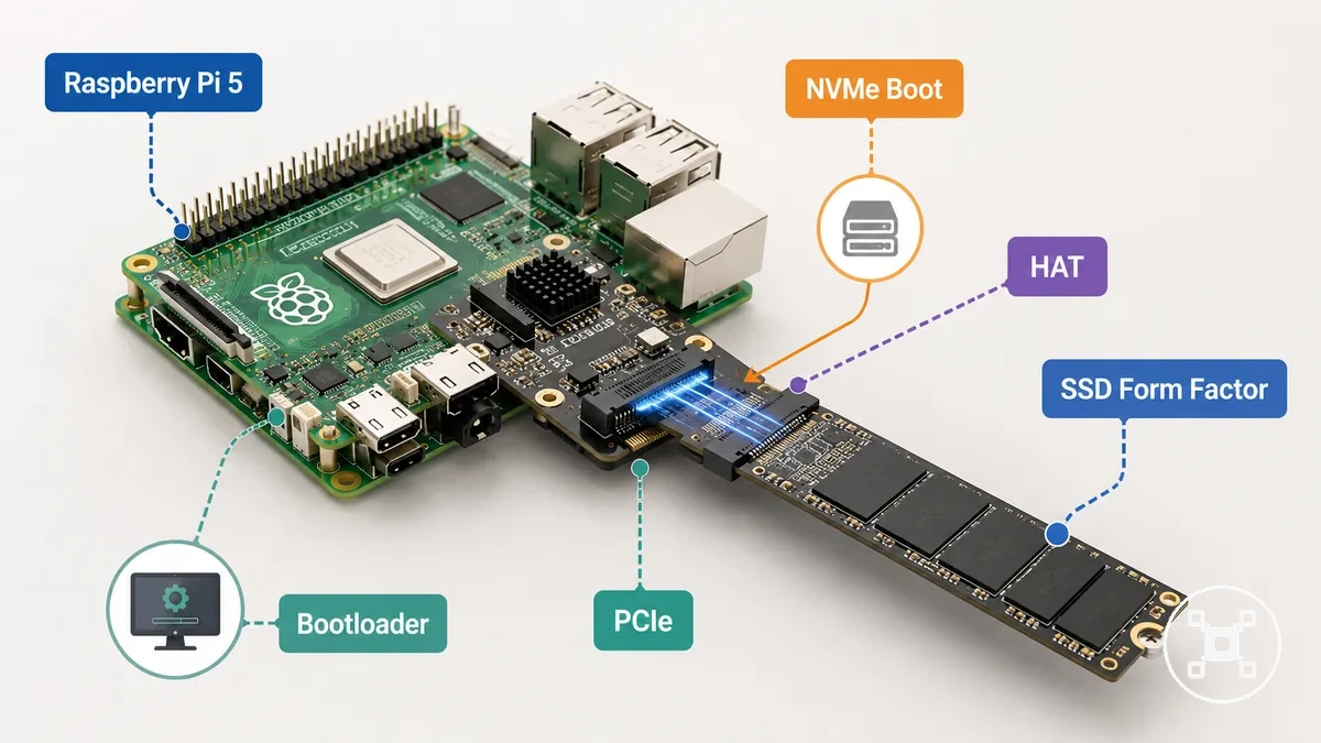 Diagrama mostrando o caminho de boot NVMe da Raspberry Pi 5 por meio de conexão PCIe e HAT