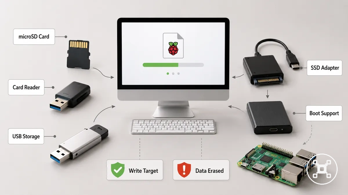 Cartão microSD, leitor de cartão, USB e armazenamento de instalação SSD para instalação do Raspberry Pi OS