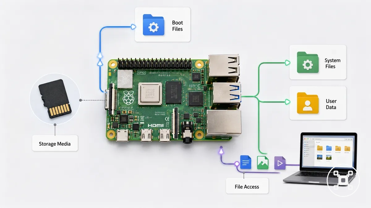 Mídia de armazenamento do Raspberry Pi mostrando arquivos do sistema e conexões de comportamento de boot