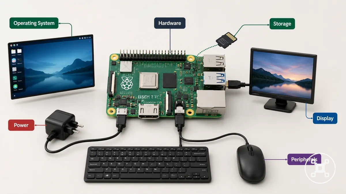 Raspberry Pi conectada a fonte de alimentação, armazenamento, tela e dispositivos de entrada como um pequeno computador