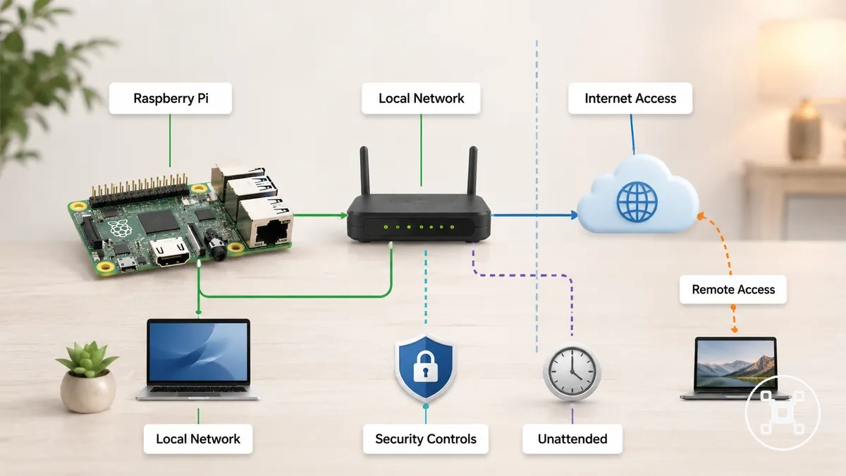 Raspberry Pi conectada a uma rede doméstica mostrando caminhos de exposição local e pela internet