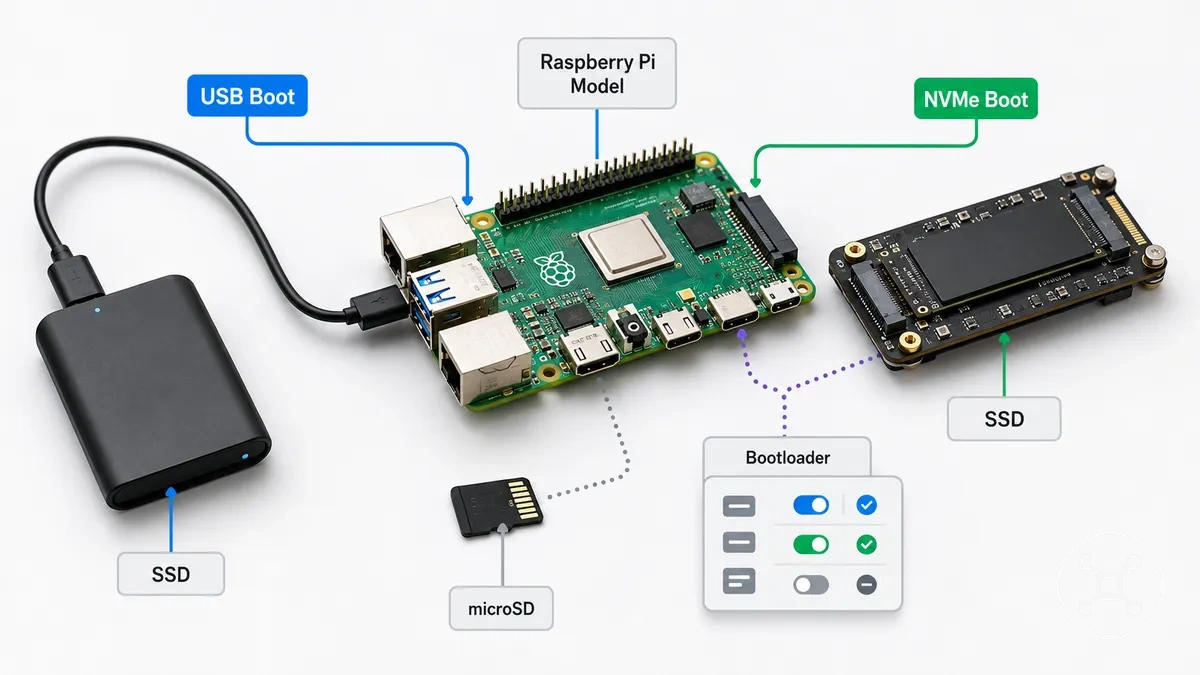 Diagrama mostrando o suporte a boot por SSD da Raspberry Pi por modelo e condições do método de boot