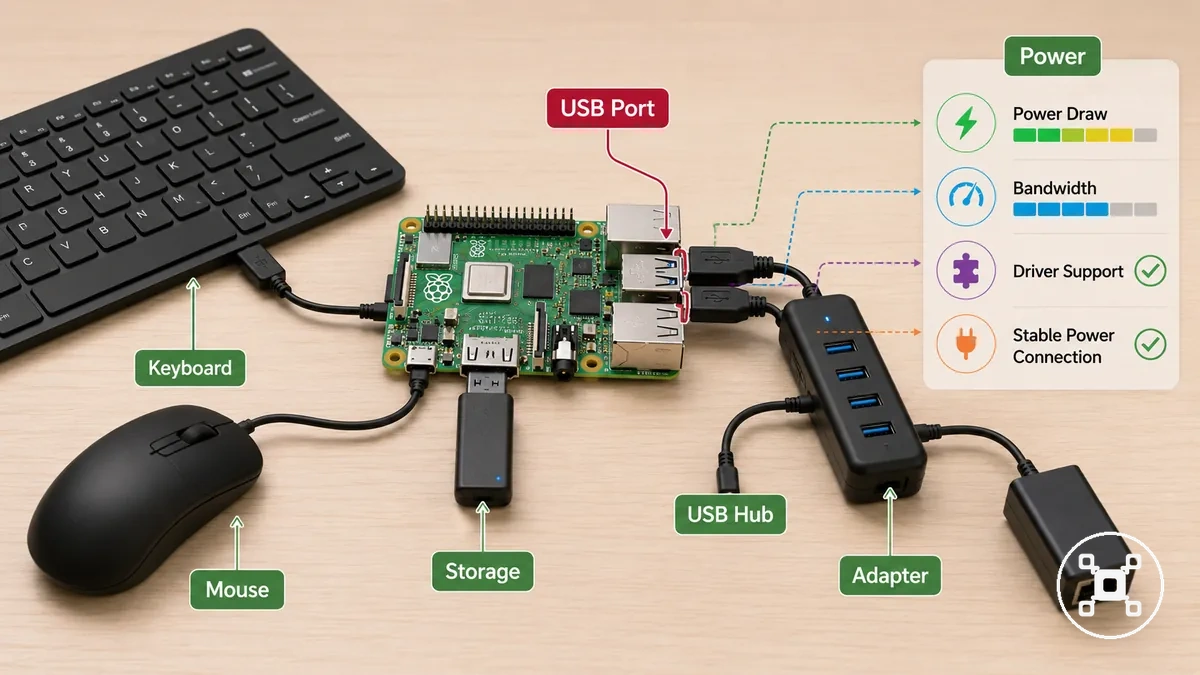 Portas USB da Raspberry Pi conectadas a periféricos e um hub USB