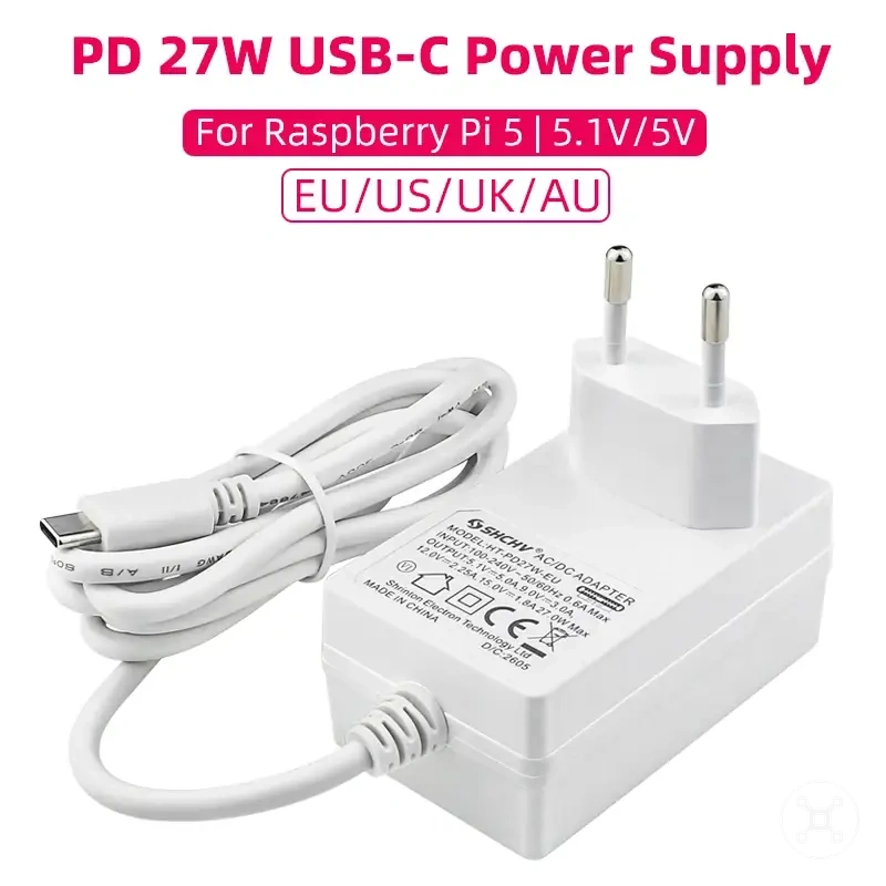 Fiş adaptörlü Raspberry Pi 5 USB-C güç kaynağı