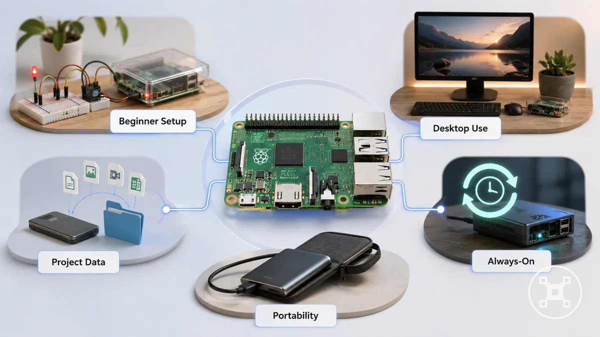 Farklı iş yükleri ve depolama kullanım koşullarını gösteren Raspberry Pi depolama seçimi