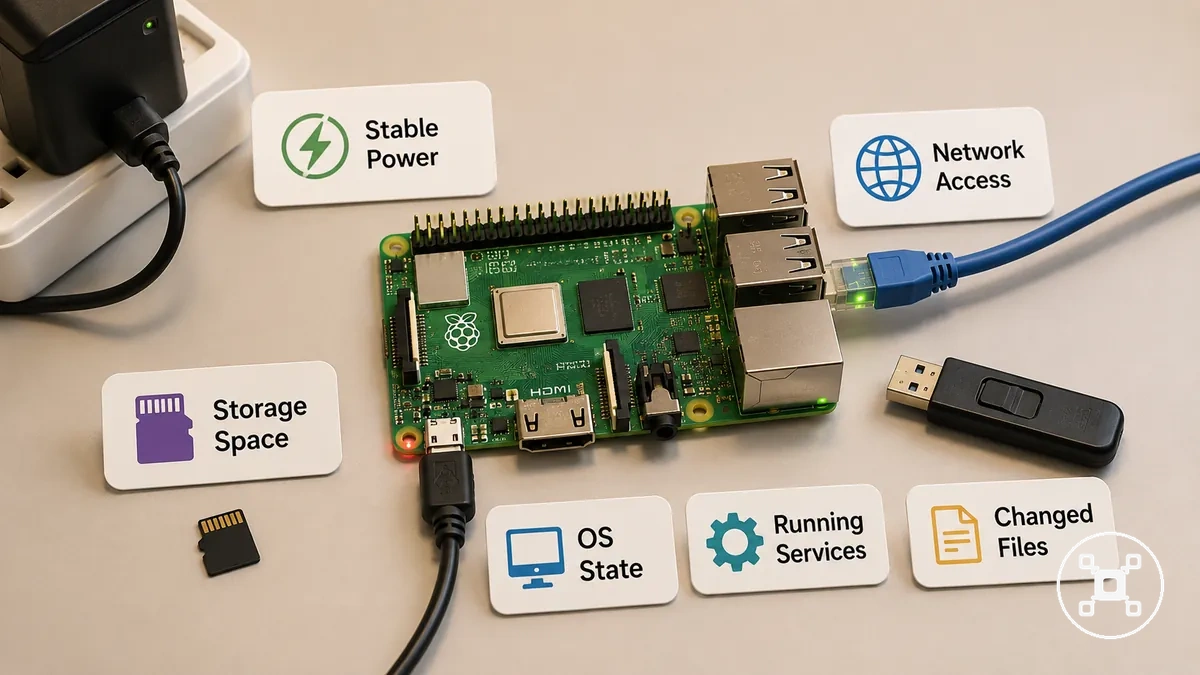 Raspberry Pi güncelleme ve yedekleme öncesi güç, ağ ve depolama kontrolleri ile bakım kurulumu