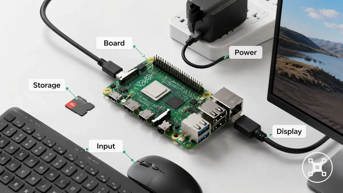 Temel kurulum parçaları (güç, depolama, ekran ve giriş aksesuarları) ile Raspberry Pi kartı