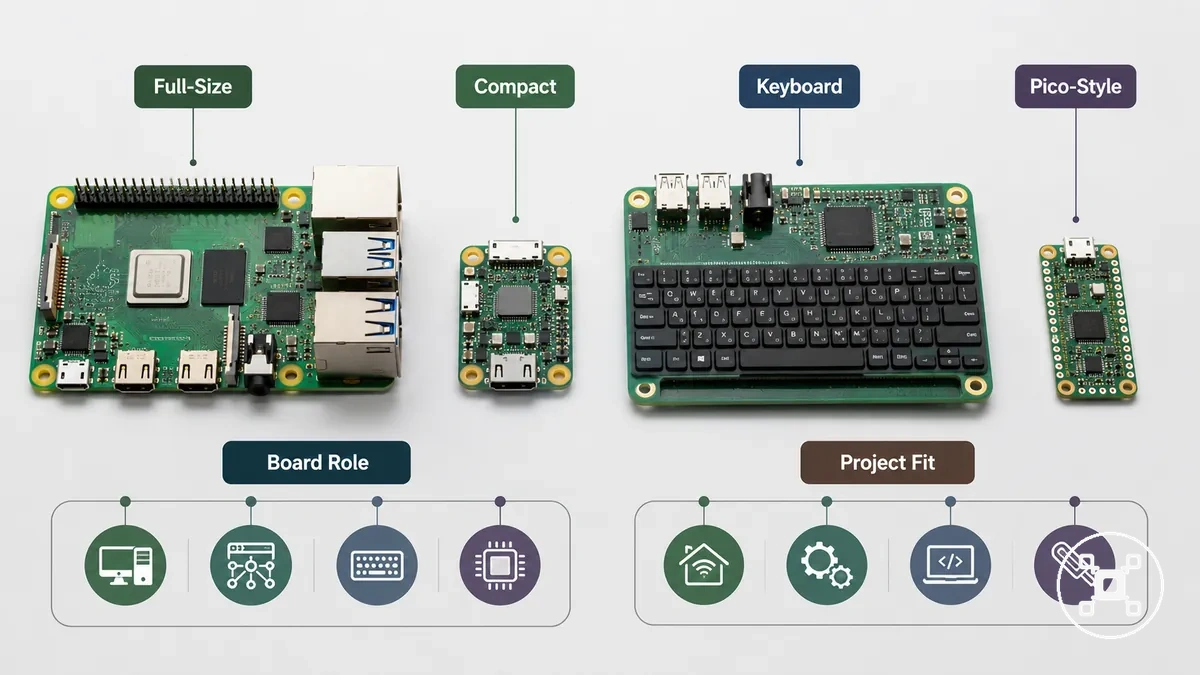 Raspberry Pi kart aileleri ve model serileri boyut ve form faktörüne göre gösterilmiştir