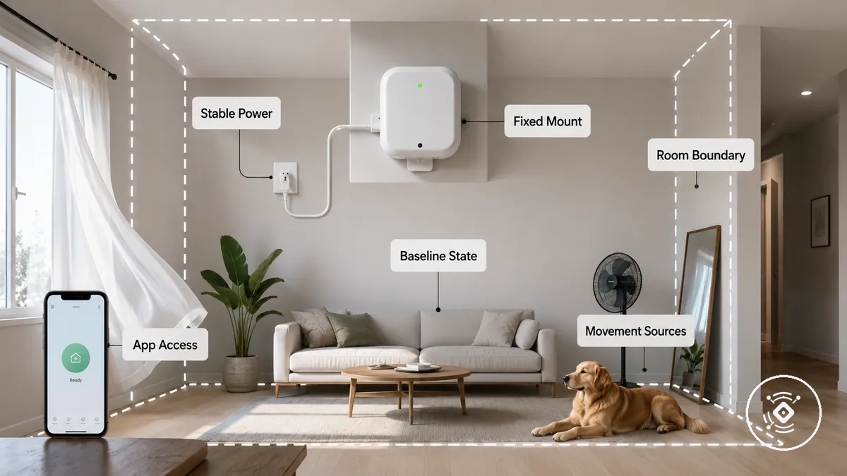 متطلبات المعايرة الأساسية لحساس وجود mmWave توضح الموضع والإعداد وحدود الغرفة وفحوصات الوصول إلى التطبيق